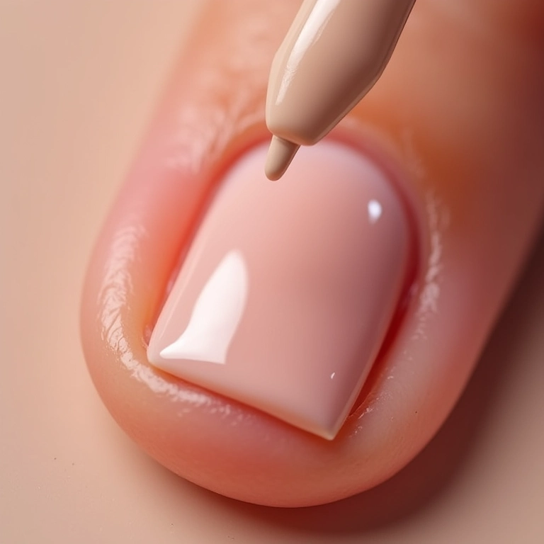 Base nude rosada sendo aplicada nas unhas para francesinha.