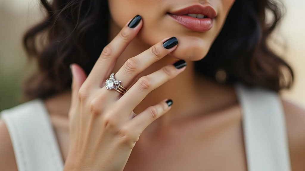 Black french tip nails, professional photography, 8K quality, sharp focus, natural lighting, Francesinha preta, um clássico reinventado.