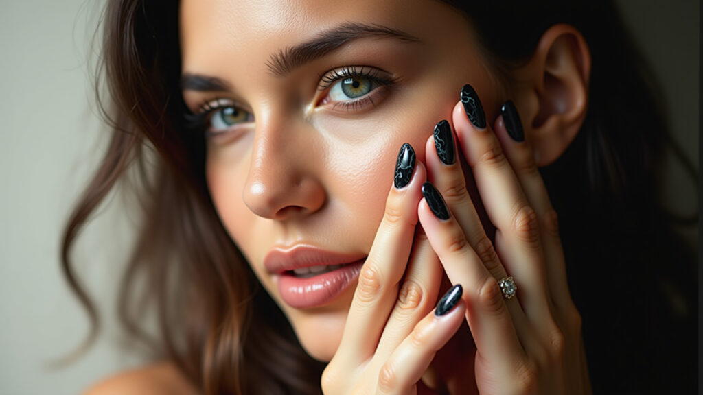 Black marble effect nails, professional photography, 8K quality, sharp focus, natural lighting, Unhas pretas efeito mármore, sofisticação.