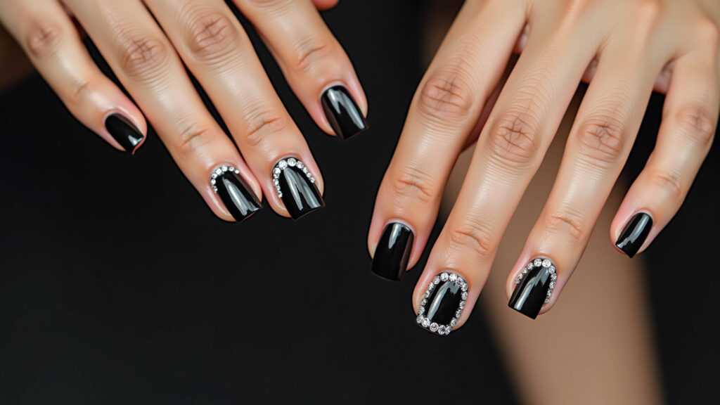 Black nails adorned with sparkling gems, professional photography, 8K quality, sharp focus, natural Unhas pretas com pedras, brilho e glamour.