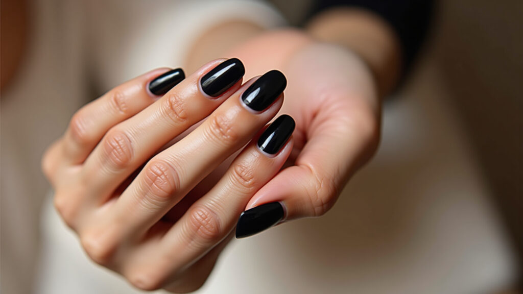 Black nails with accent nail, professional photography, 8K quality, sharp focus, natural lighting, Filha única em unhas pretas, toque de cor.
