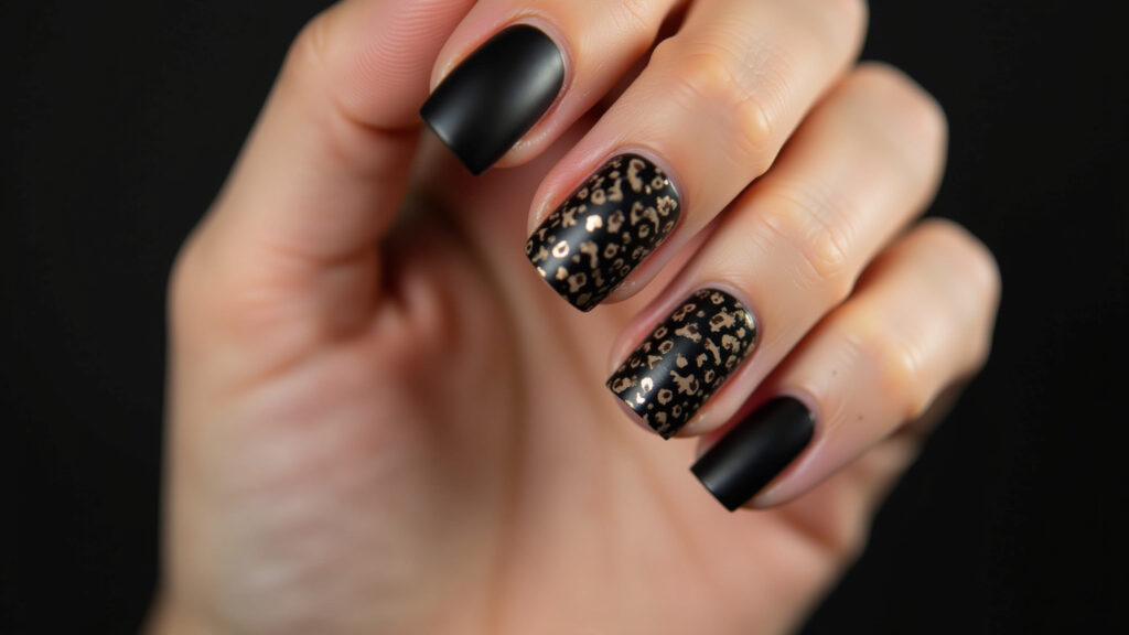 Black nails with animal print, professional photography, 8K quality, sharp focus, natural lighting, Unhas pretas animal print, ousadia e personalidade.