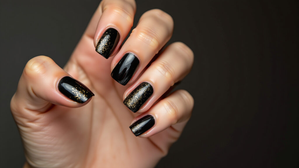 Black nails with delicate gold glitter accents, professional photography, 8K quality, sharp focus, Unhas pretas com glitter dourado, elegância para a noite.