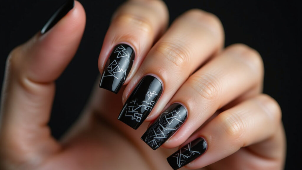 Black nails with geometric patterns, professional photography, 8K quality, sharp focus, natural Unhas pretas geométricas, estilo moderno.