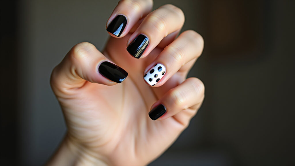 Black nails with stickers, professional photography, 8K quality, sharp focus, natural lighting, Adesivos em unhas pretas, praticidade.
