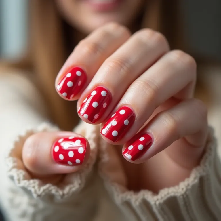 Bolinhas vermelhas e brancas em unhas curtas.