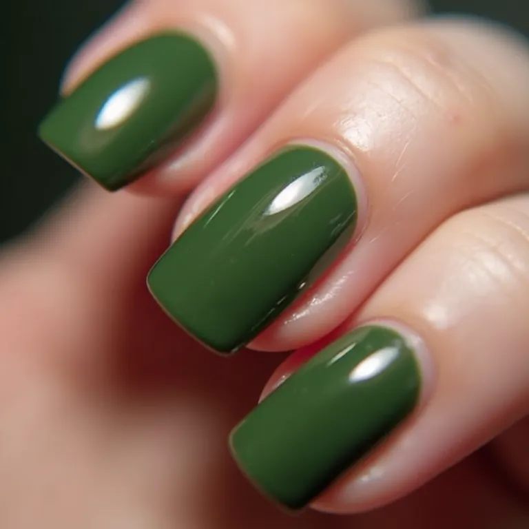Brilho intenso e durabilidade das unhas de gel verde militar.