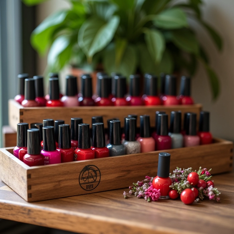 Caixas de madeira como prateleiras para esmaltes em ambiente decorado.