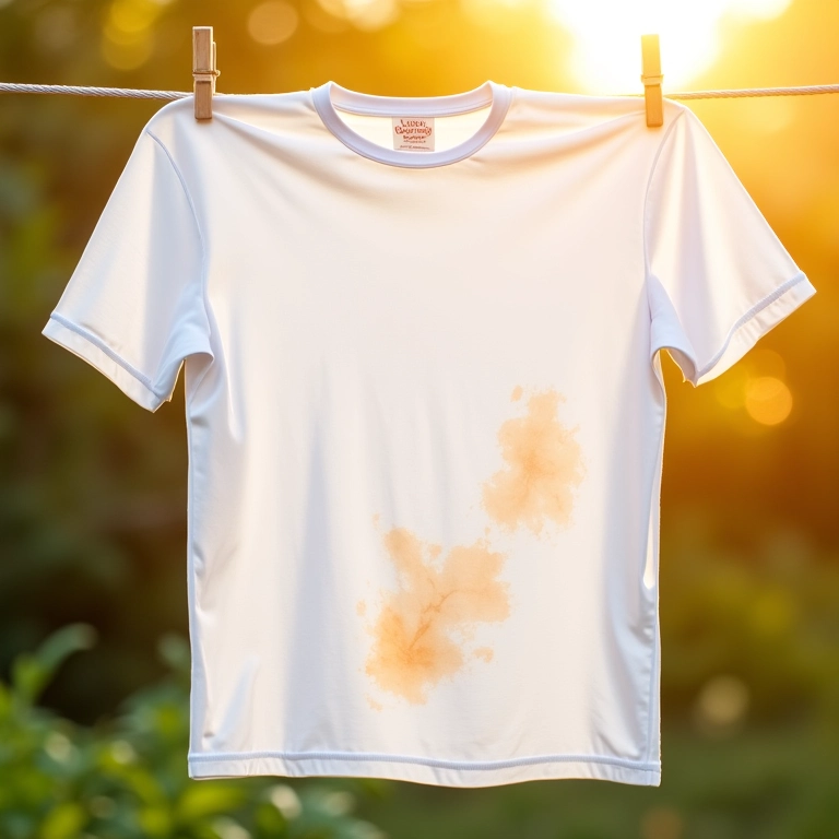 Camisa de algodão branca secando ao sol após remoção de mancha de esmalte.