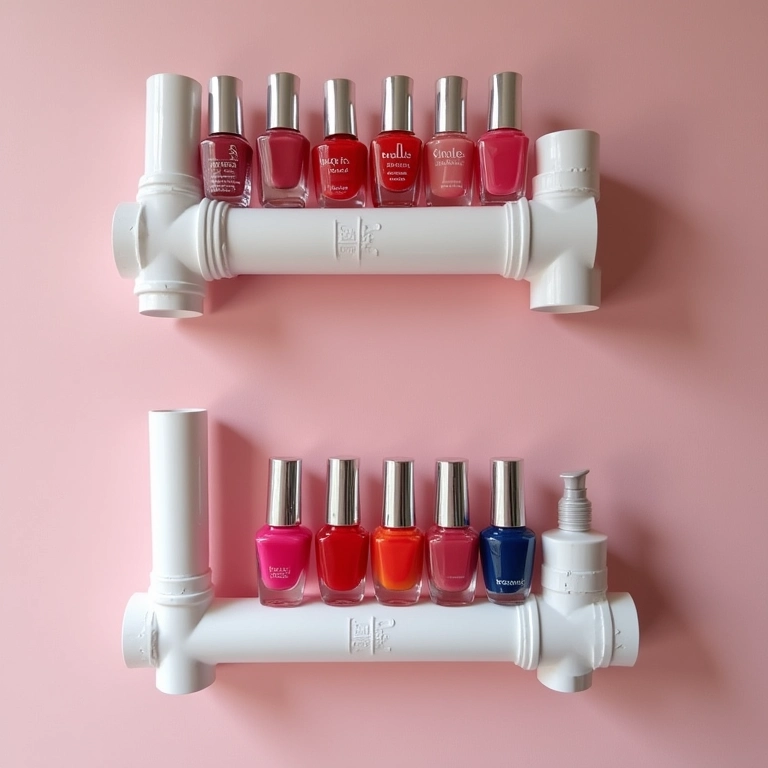 Canaletas de PVC transformadas em prateleiras para esmaltes.