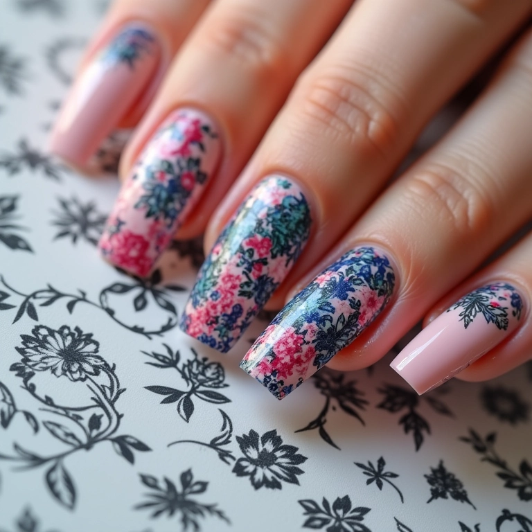 Carimbo de desenhos em unhas.