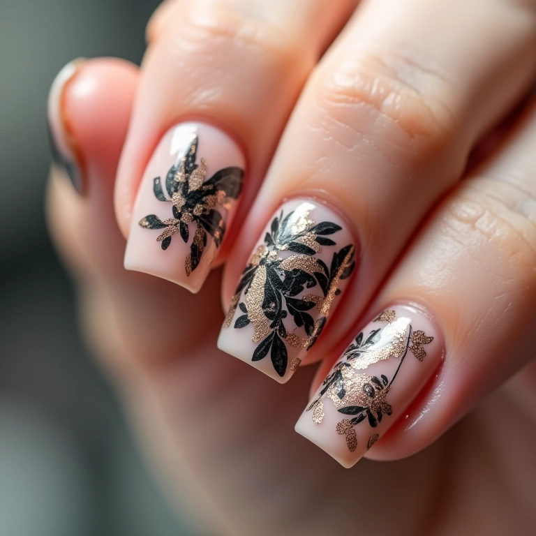 Carimbo de unhas nude e preto: detalhes perfeitos.