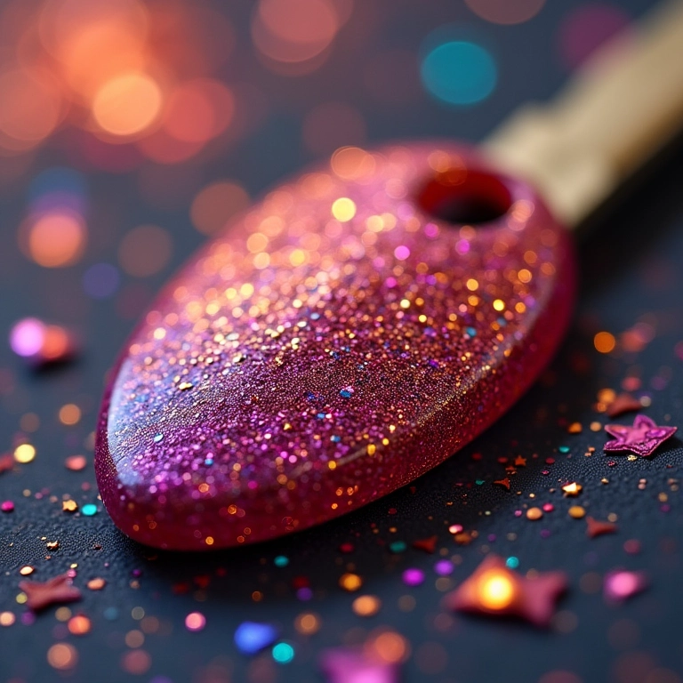 Chave com esmalte de glitter brilhando.