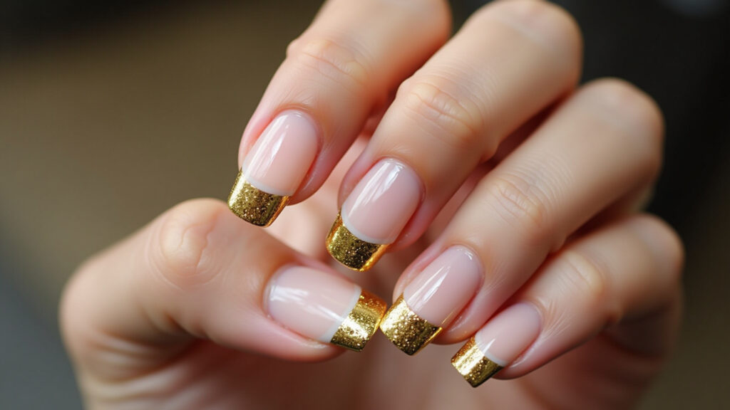 Christmas French manicure, gold glitter tips, elegant. Professional photography, 8K quality, sharp Francesinha natalina com glitter dourado, sofisticação e charme.