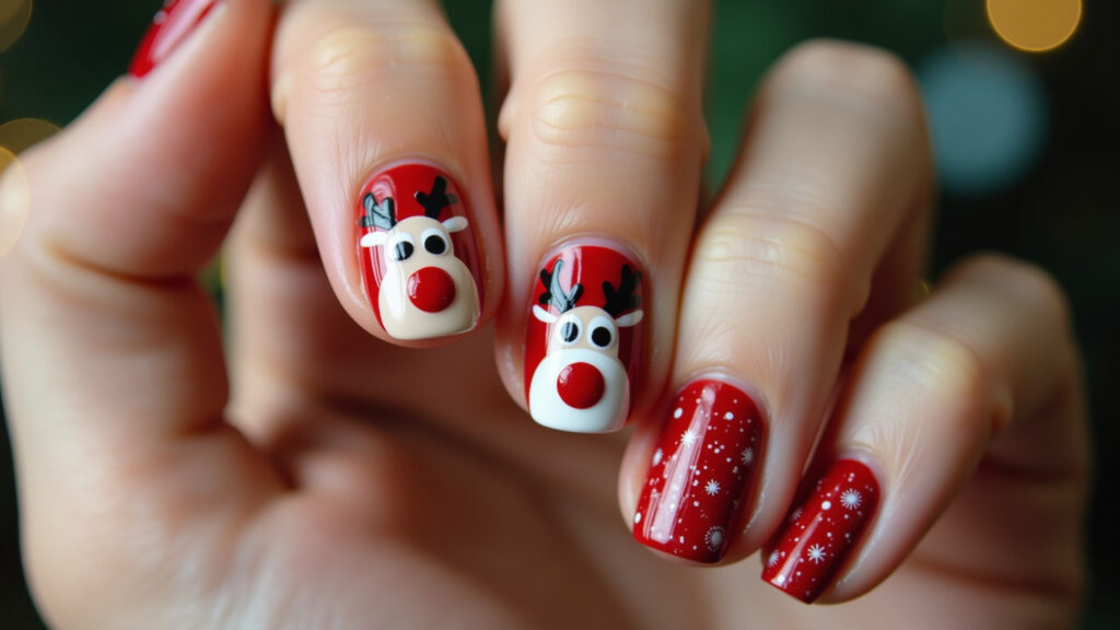 Christmas nail art with hand-painted reindeer, festive background. Professional photography, 8K Unhas decoradas com desenhos de renas para o Natal.