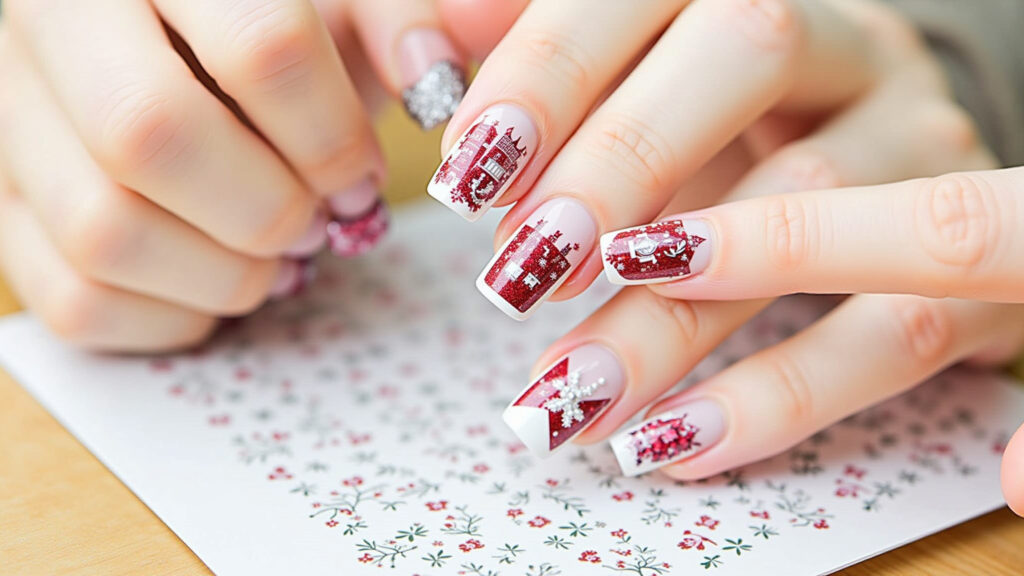 Christmas nail stickers, easy application, festive designs. Professional photography, 8K quality, Adesivos de unhas de Natal, praticidade e rapidez.