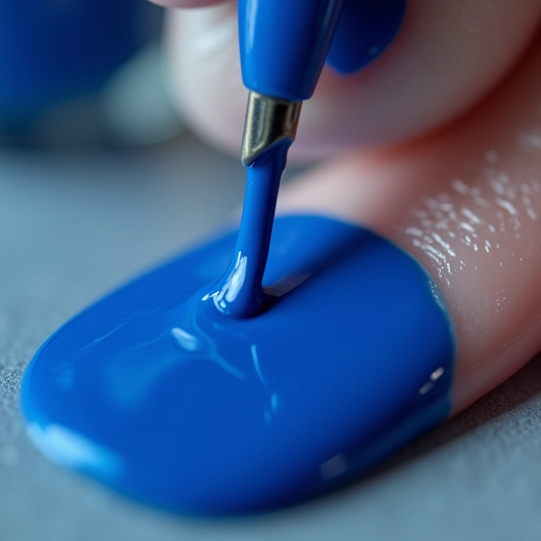 Close-up de aplicação de esmalte azul com alta pigmentação.