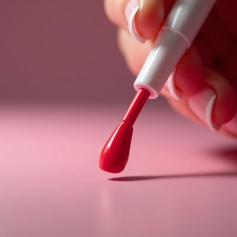 Close-up de esmalte com pincel anatômico para aplicação precisa sob luz de estúdio.