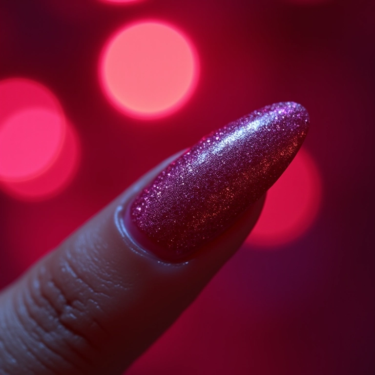 Close-up de esmalte Jackie com glitter brilhante, ambiente festivo.