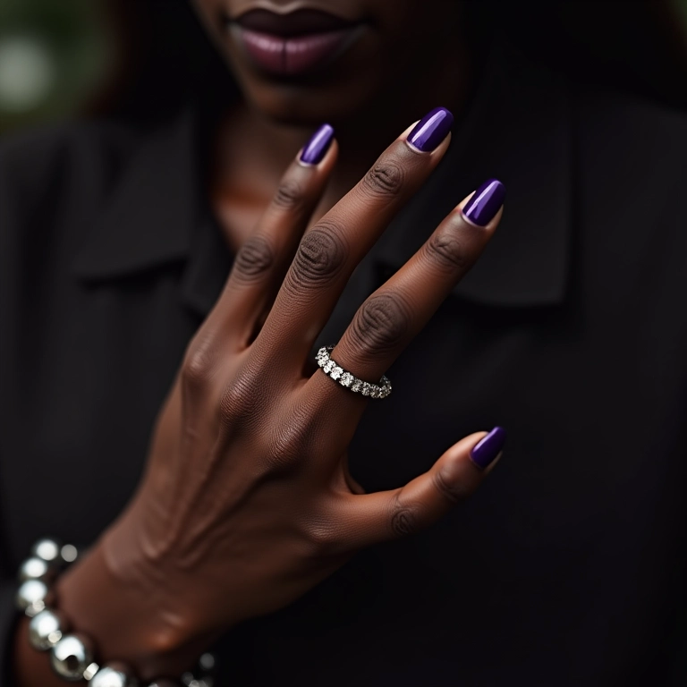 Close-up de esmalte roxo profundo em pele negra com pulseiras de prata.