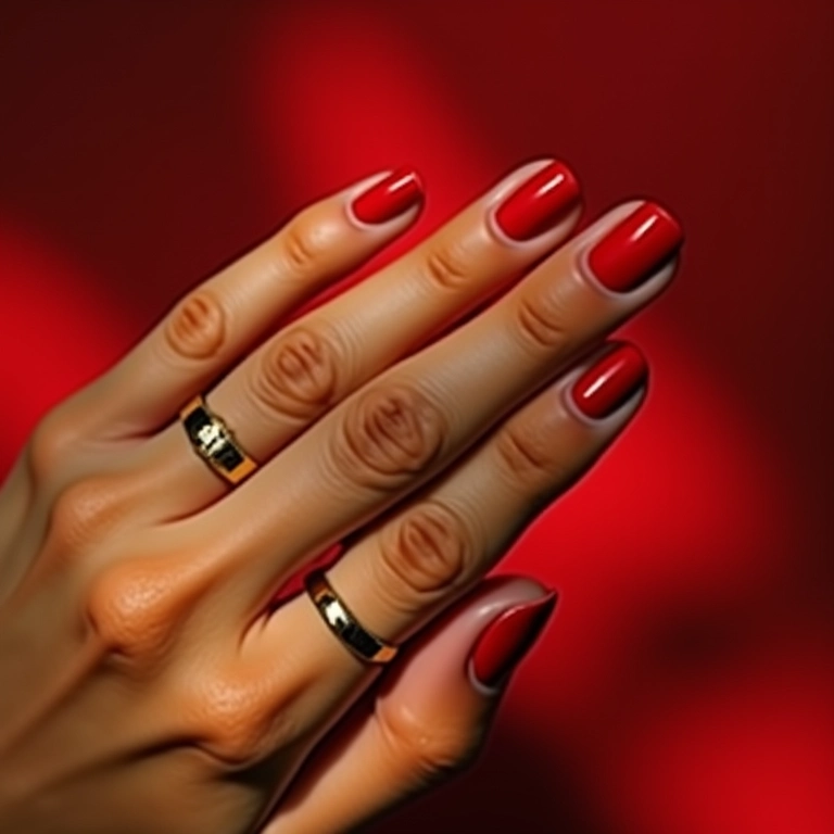 Close-up de esmalte vermelho vibrante em pele morena com anéis dourados.