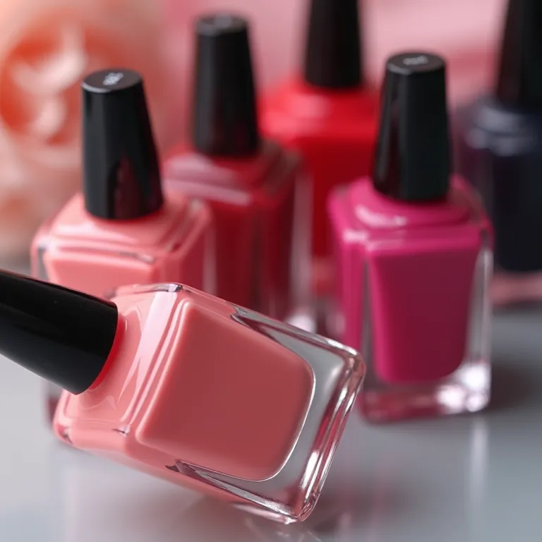 Close-up de frascos de esmaltes com as cores da moda, destacando as tendências da estação.