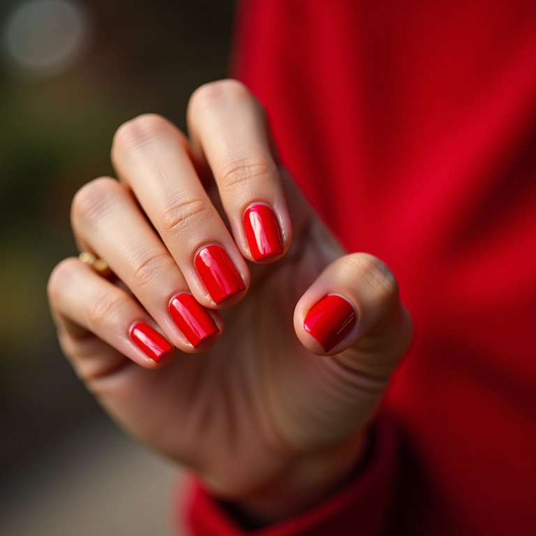 Close-up de mão com esmalte Jackie vermelho vibrante e joias ousadas.