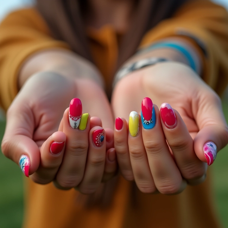 Close-up de mãos com nail art fofa e colorida.