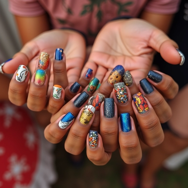 Close-up de mãos diversas exibindo designs de nail art coloridos e vibrantes.