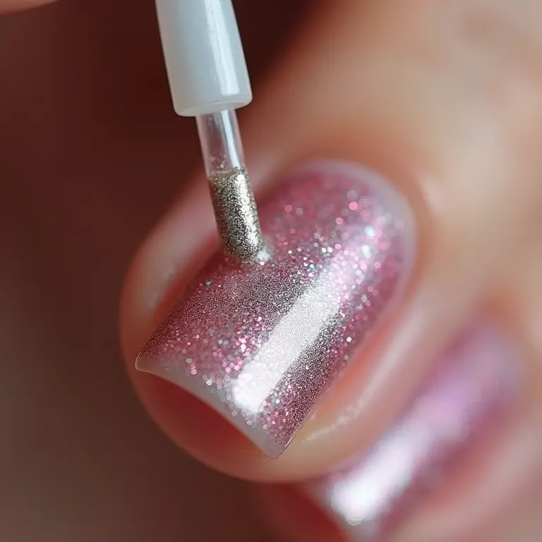 Close-up de unha com glitter, aplicação de top coat para evitar que o glitter se solte.