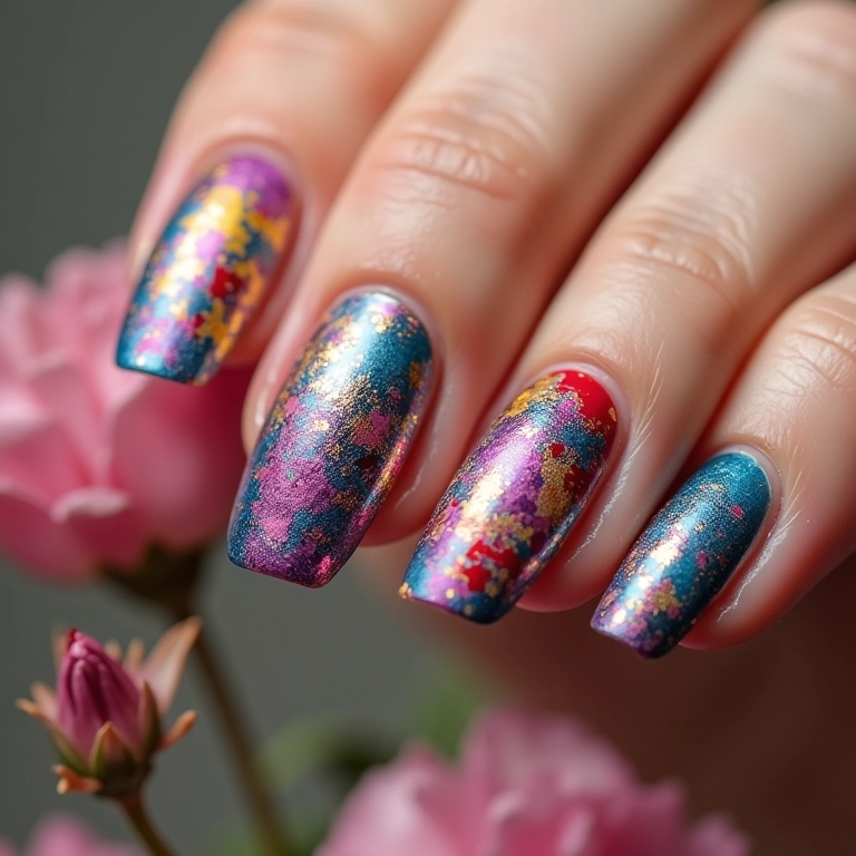 Close-up de unhas com desenhos carimbados.