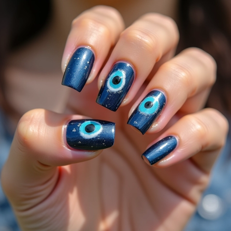 Close-up de unhas decoradas com olho grego azul, estilo místico e elegante.