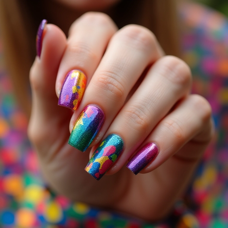 Close-up de unhas decoradas e vibrantes para o Carnaval, com confetes ao fundo.