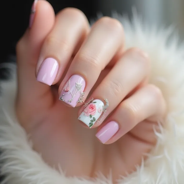 Close-up de unhas decoradas no estilo coreano com tons pastel, glitter e adesivos.