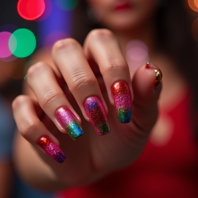 Close-up de unhas decoradas para o Carnaval com cores vibrantes e glitter.