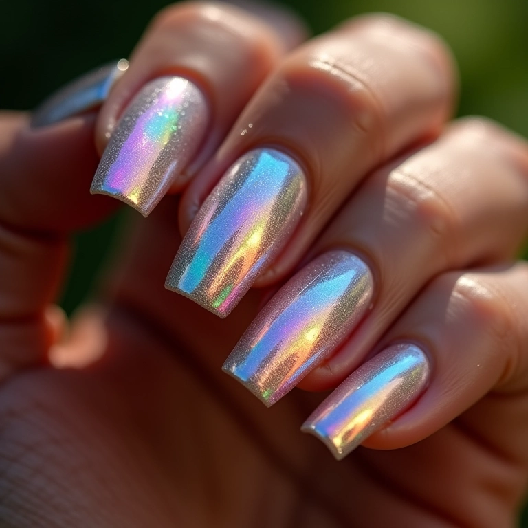 Close-up de unhas holográficas brilhando sob luz natural, mostrando o futuro da nail art.