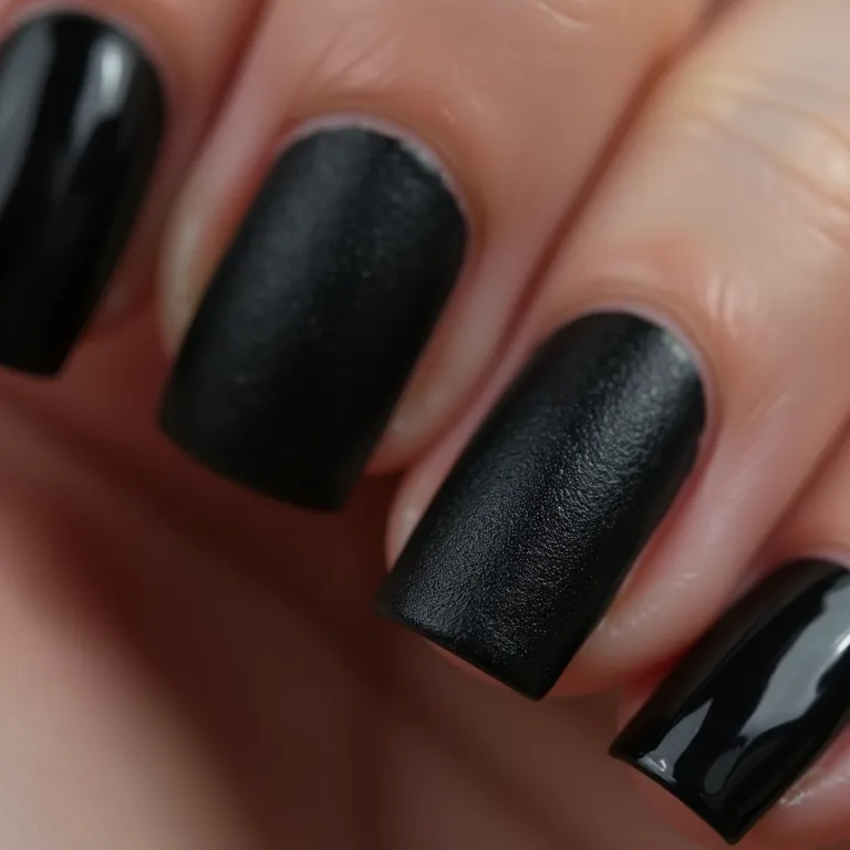 Close-up de unhas pretas com texturas matte e brilhante.