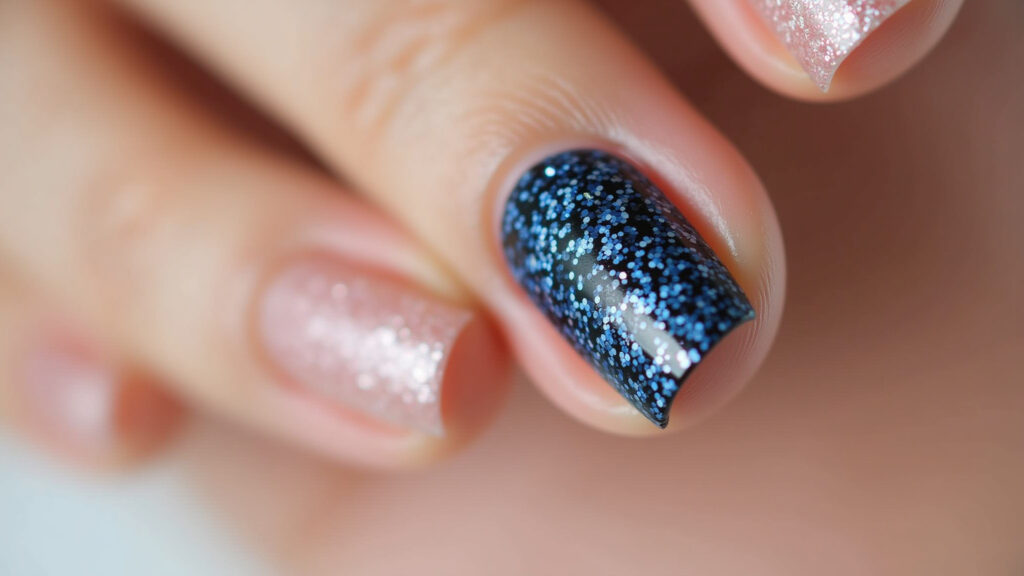 Close-up of a hand with a single nail sparkling with blue, black, and white glitter, Grêmio Filha única com glitter nas cores do Grêmio.