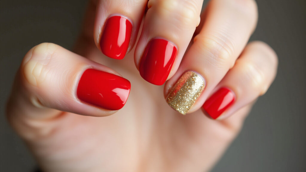 Close-up of a woman's hand with red gel nails, one nail decorated with fine gold glitter, Unha de gel vermelha com filha única decorada com glitter dourado.