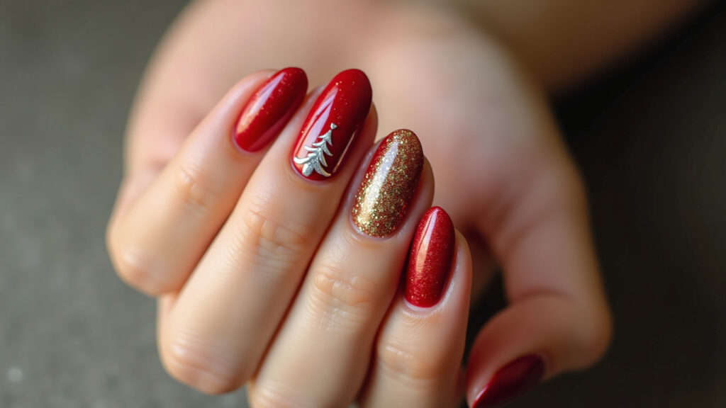 Close-up of elegant Christmas nails, red base, gold glitter, minimalist tree design. Professional Unhas decoradas de Natal simples e elegantes com glitter dourado.