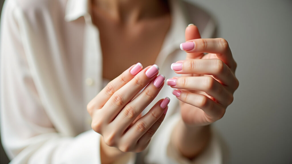 Close-up of elegant pink and white French manicure on a woman's hand, natural light, 8K quality, Unhas francesinhas rosa e branco delicadas e elegantes.