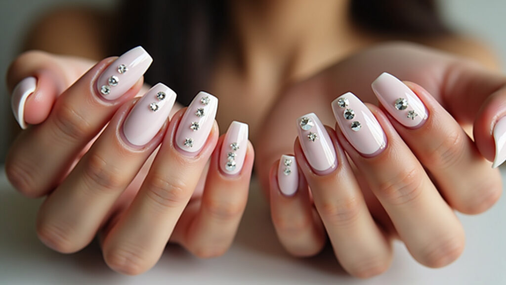 Close-up of hands with gel nail polish and rhinestones, different sizes and shapes, glamorous Unhas com pedrarias e esmalte em gel para um toque de glamour.