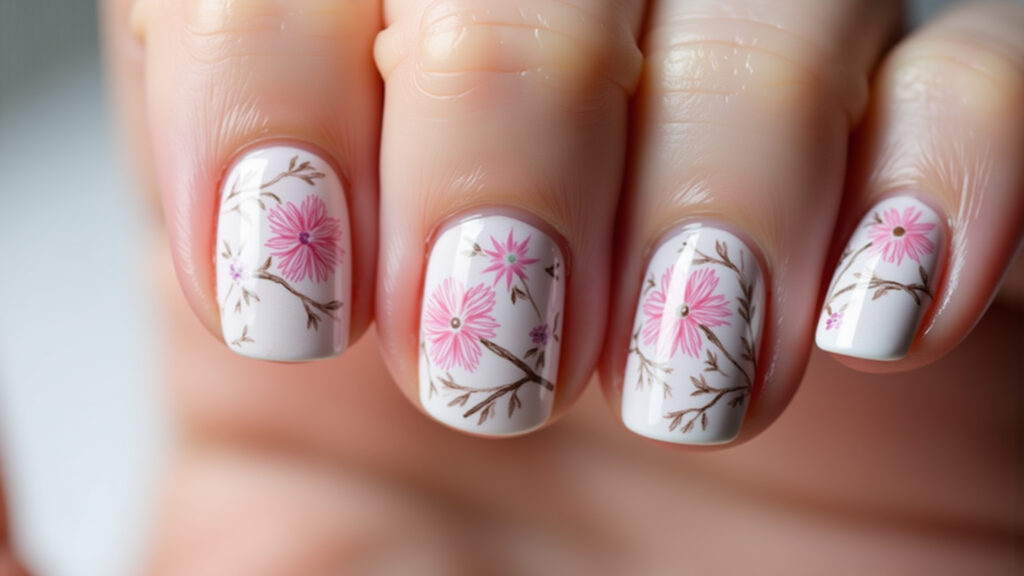 Unhas rosa e branco com desenhos florais delicados e românticos.