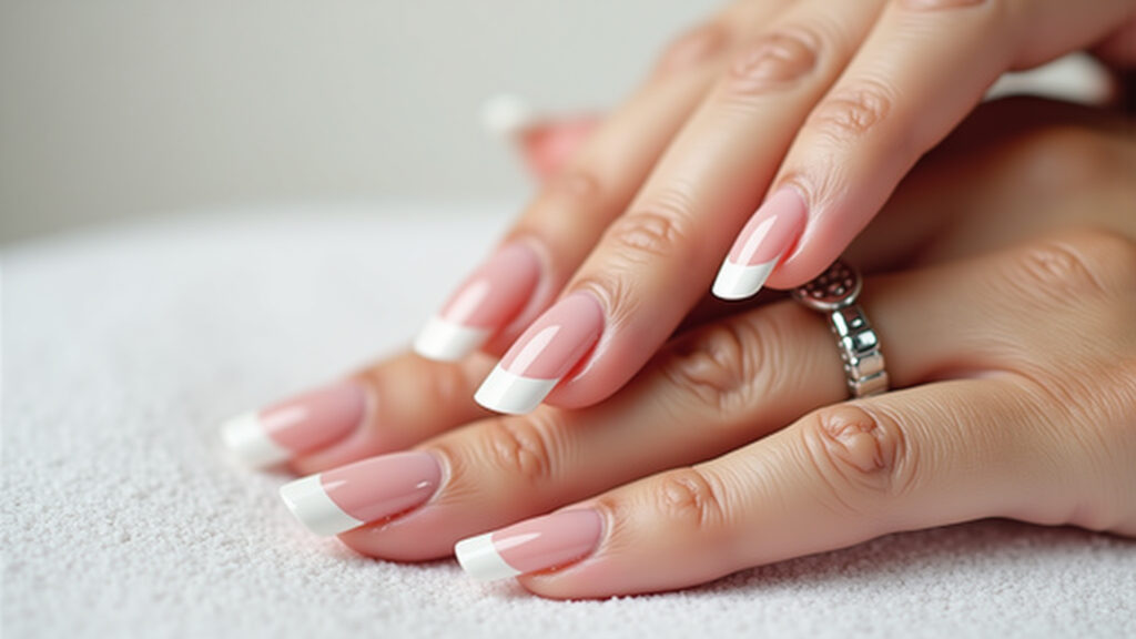 Close-up of pink and white french manicure on manicured hands, natural light, 8k, sharp focus, Francesinha rosa e branca: clássico repaginado.