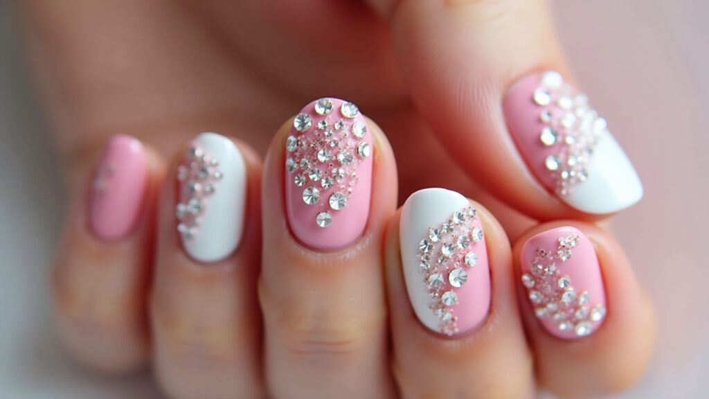 Unhas decoradas rosa e branco com pedrarias: luxo e sofisticação.