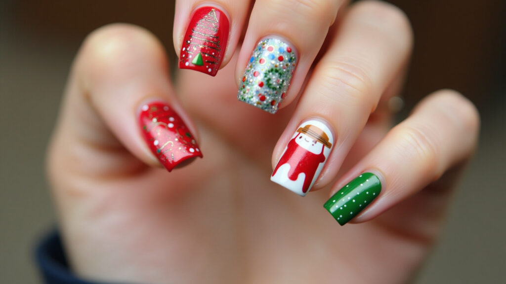 Close-up of playful Christmas nails for kids, colorful designs. Professional photography, 8K, sharp Unhas infantis decoradas para o Natal, alegria para as pequenas.