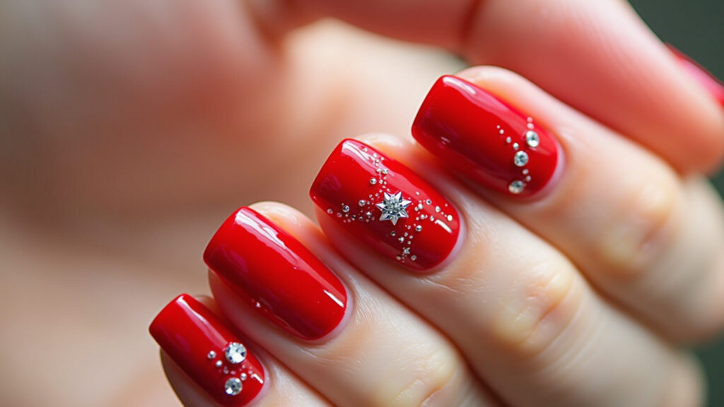 Close-up of red gel nails adorned with small, sparkling rhinestones, professional photography, 8K Unha de gel vermelha decorada com pedrarias.