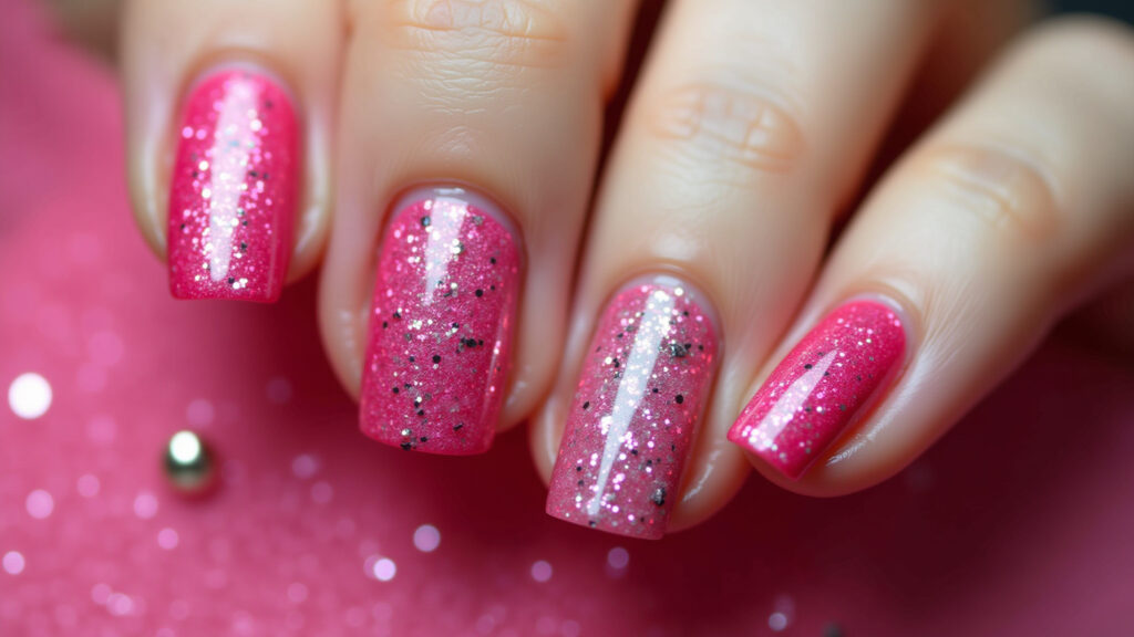 Close-up of vibrant pink Barbie-themed nails with glitter accents, professional photography, 8K Unhas rosa choque vibrantes com glitter estilo Barbie.