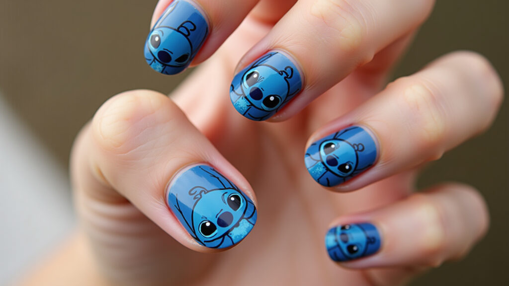 Close-up professional photo of a woman's hand showcasing Stitch nail art, vibrant blue hues, Unhas decoradas com o Stitch em close-up.