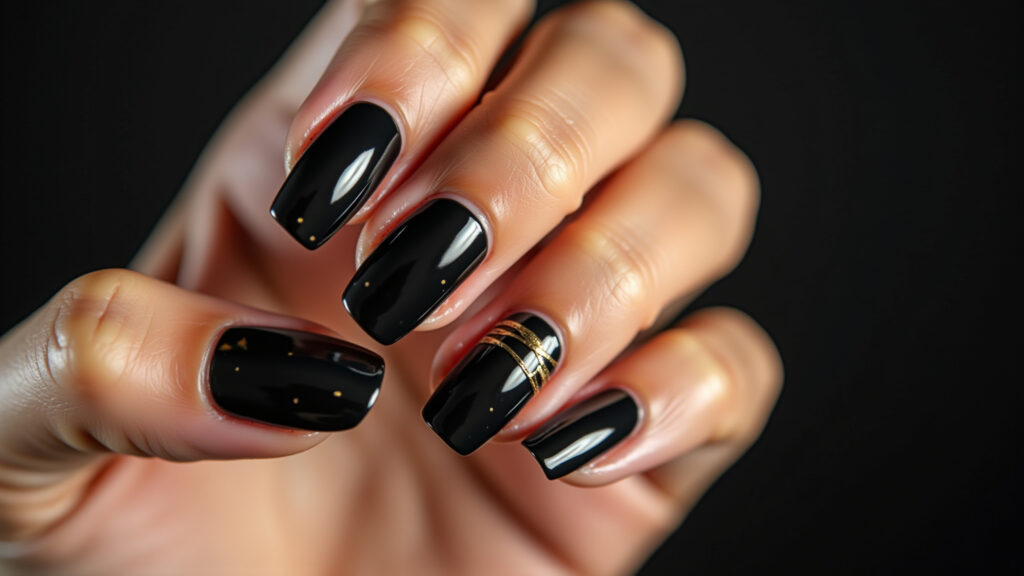 Close-up, professional photography, 8K, hyper-realistic: Elegant black nails with a delicate gold Unhas pretas elegantes com detalhe de filete dourado.